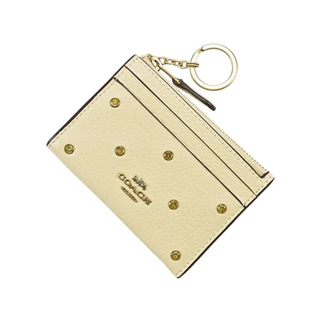 【COACH】月光水晶荔枝紋皮革前卡夾鑰匙零錢包(米黃色)