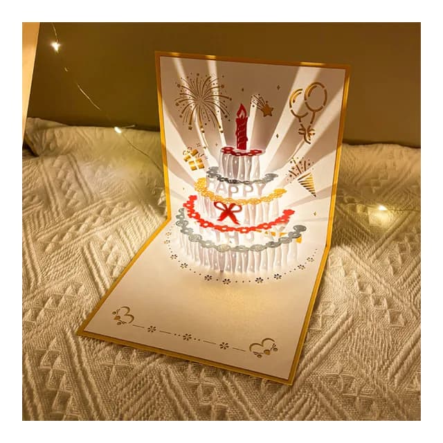 【Paper Play】生日卡片 立體賀卡/生日卡片-3D立體音樂燈光撞色裝飾蛋糕造型卡片(4色任選)