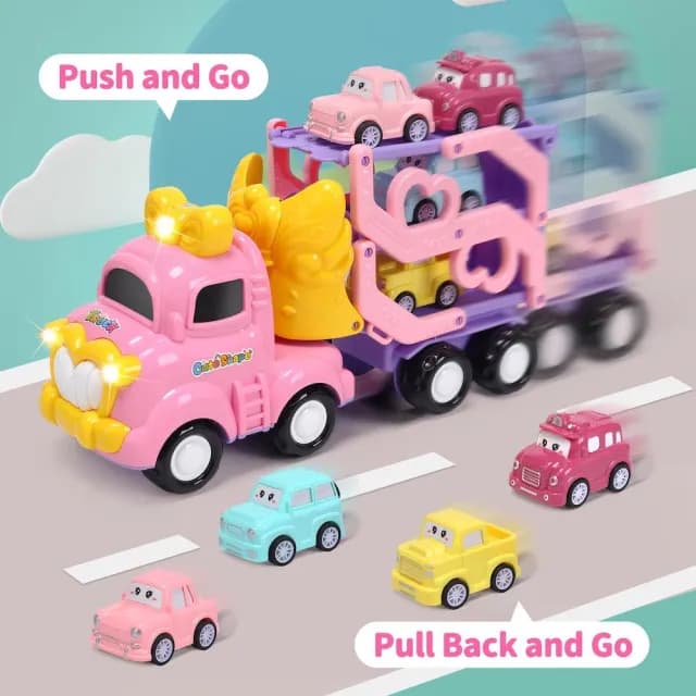 【CuteStone】仿真聲光粉紅公主三層運輸卡車套裝玩具(女孩玩具 玩具車 生日玩具 兒童益智玩具)