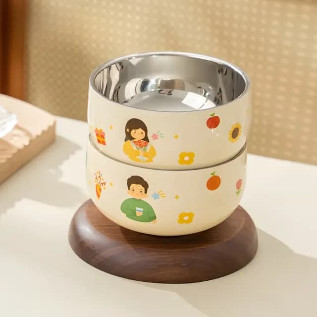 【可愛親子】不鏽鋼插畫風兒童碗2入組(寶寶 飯碗 防燙碗 泡麵碗 湯碗 防摔碗 露營 環保餐具 便當盒)