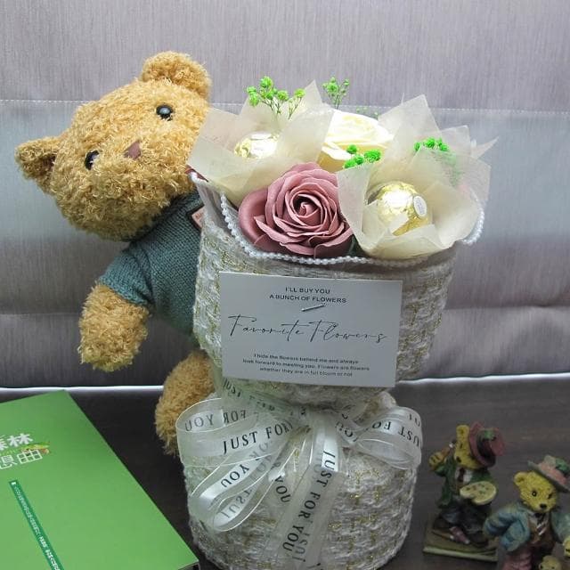 【花享手作】熊熊金莎玫瑰香皂花束(重要節日/情人節/告白禮物/畢業季/永生花/花禮)