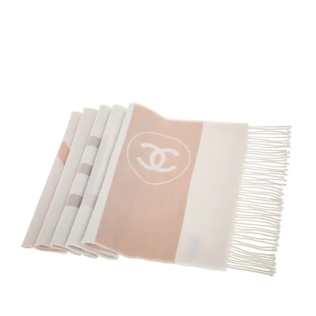 【CHANEL 香奈兒】新款撞色大雙C LOGO流蘇羊毛披肩/圍巾(米白/粉紅/淺灰)