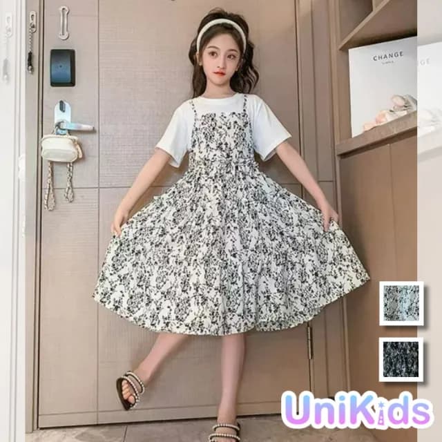 【UniKids】中大童裝假兩漸短袖洋裝 碎花連身裙 女大童裝 CV553(黑 白)