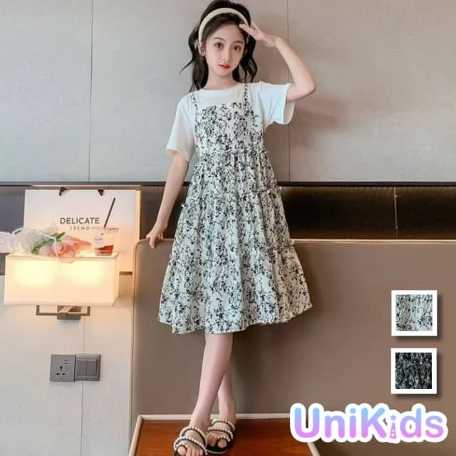 【UniKids】中大童裝假兩漸短袖洋裝 碎花連身裙 女大童裝 CV553(黑 白)