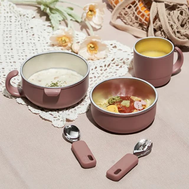 【MOTHER-K】Hug 外出豪華不鏽鋼餐具多件組(餐碗/杯子/湯匙/叉子/湯碗/水果盒)