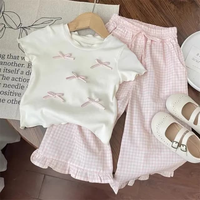 【Baby 童衣】兒童短袖套裝 女童夏季蝴蝶結上衣+粉格紋套裝 89119(共１色)