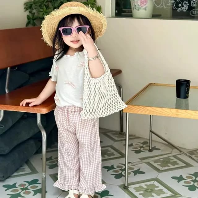 【Baby 童衣】兒童短袖套裝 女童夏季蝴蝶結上衣+粉格紋套裝 89119(共１色)