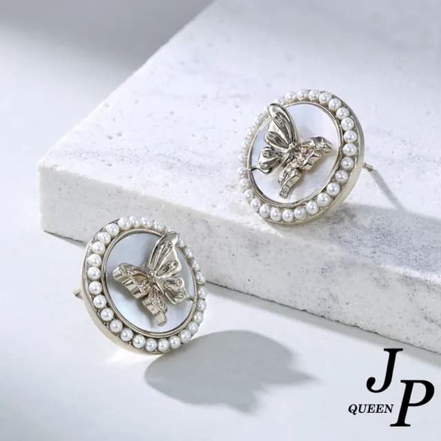 【Jpqueen】夢幻蝴蝶圓幣貝母設計復古貼耳耳環(咖啡金色)