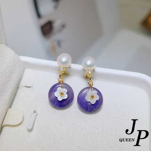 【Jpqueen】彩霧天然石復古白花珍珠垂墜耳環(6色可選)