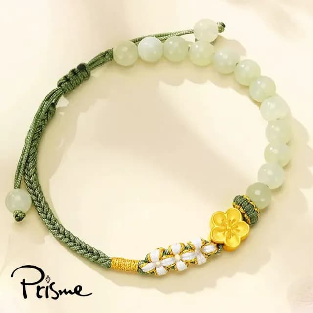 【Prisme】黃金手鍊 桃花 綠串珠編織手鍊(金重：約0.08錢±0.03)