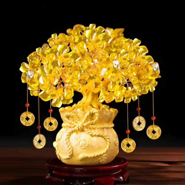 【精細別緻】招財搖錢水晶發財樹(聚寶盆 擺件 開業 喬遷 禮物 玄關  風水 開運 客廳 櫃台 辦公室 錢墜)