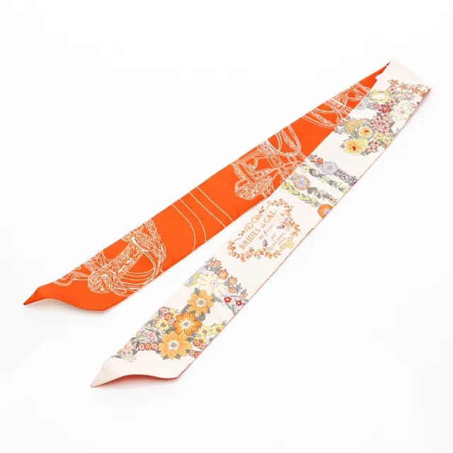 【Hermes 愛馬仕】Brides de Gala en Fleurs Twilly絲巾(香草白/橘)
