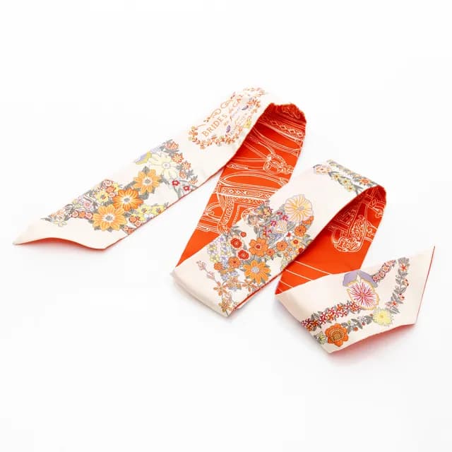 【Hermes 愛馬仕】Brides de Gala en Fleurs Twilly絲巾(香草白/橘)
