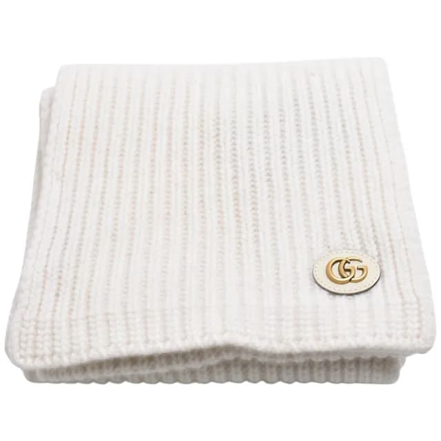 【GUCCI 古馳】GUCCI 經典Double G LOGO針織羊毛圍巾(象牙白色773426-3GB02-9200)
