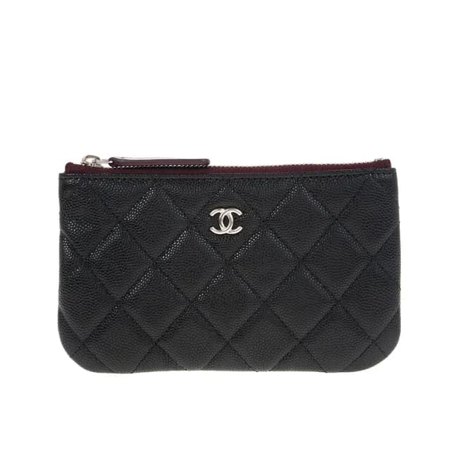 【CHANEL 香奈兒】經典雙C LOGO菱格荔枝紋牛皮銀釦拉鍊零錢包(黑色)