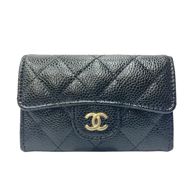 【CHANEL 香奈兒】AP0214 經典雙C金LOGO 菱格紋牛皮扣式零錢包/卡片夾(黑色)