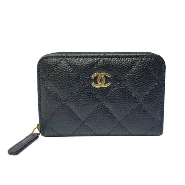【CHANEL 香奈兒】AP0216 經典雙C金LOGO菱格紋牛皮拉鍊零錢包(黑色)