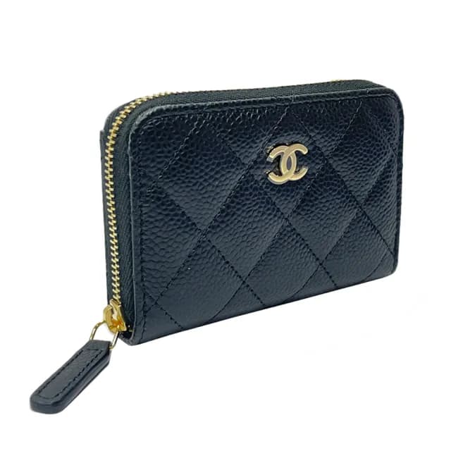 【CHANEL 香奈兒】AP0216 經典雙C金LOGO菱格紋牛皮拉鍊零錢包(黑色)