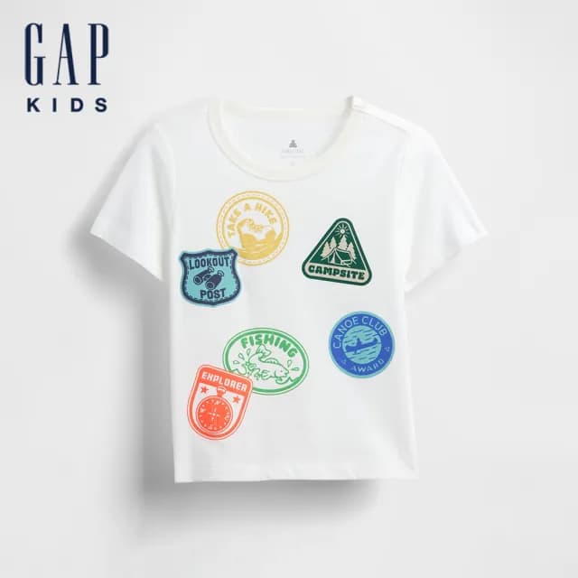 【GAP】男幼童裝 純棉印花圓領短袖T恤-白色印章(782506)