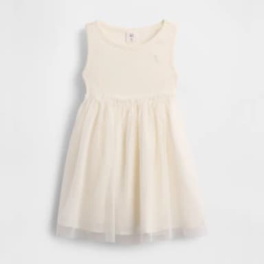 【GAP】女幼童裝 純棉小熊刺繡圓領無袖紗裙洋裝-象牙白(776628)