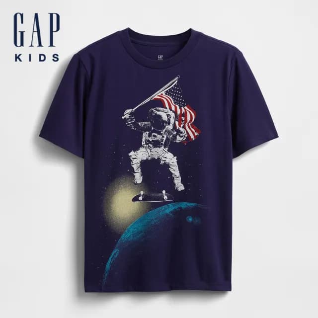 【GAP】男童裝 純棉印花圓領短袖T恤-深藍色(780207)