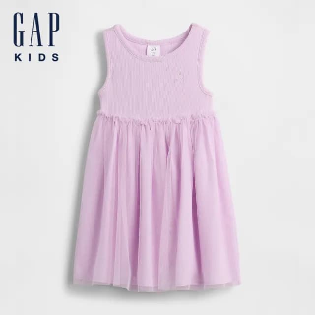 【GAP】女幼童裝 純棉小熊刺繡圓領無袖紗裙洋裝-紫色(776628)