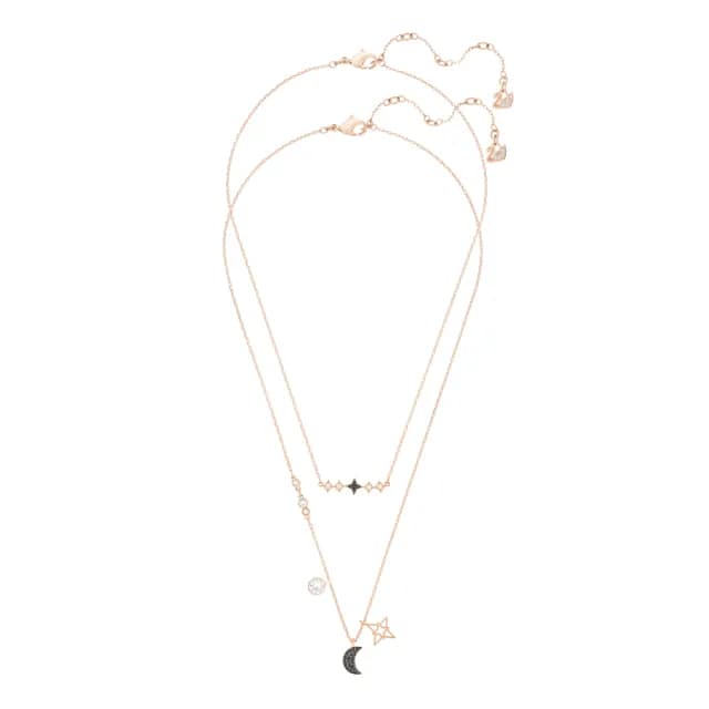 【SWAROVSKI 施華洛世奇】Symbolica 項鏈 月亮和星星 黑色 鍍玫瑰金色(雙鏈組)