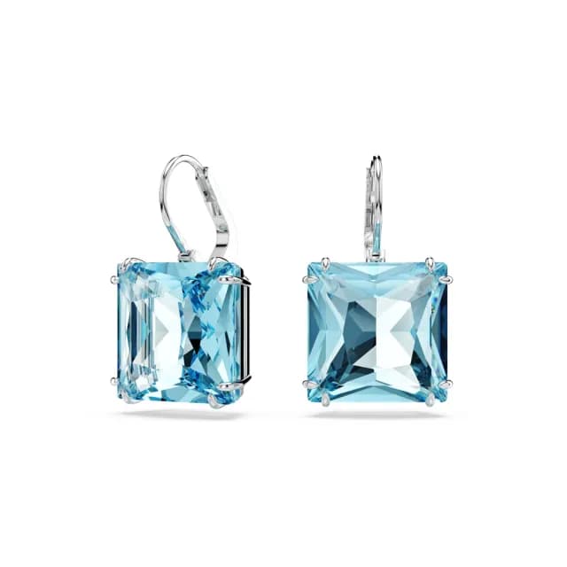 【SWAROVSKI 施華洛世奇】Millenia 水滴形耳環 方形切割 藍色 鍍白金色