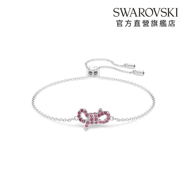 【SWAROVSKI 施華洛世奇】Lifelong Bow 手鏈 蝴蝶結 粉紅色 鍍白金色(情人節禮物)
