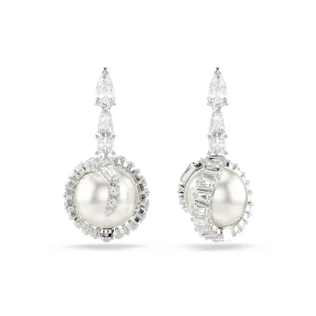 【SWAROVSKI 施華洛世奇】Snake 水滴形耳環 水晶珍珠 混合式切割 蛇年 白色 鍍白金色(情人節禮物)