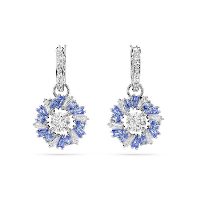 【SWAROVSKI 官方直營】Idyllia 水滴形耳環 混合式切割 花朵 藍色 鍍白金色