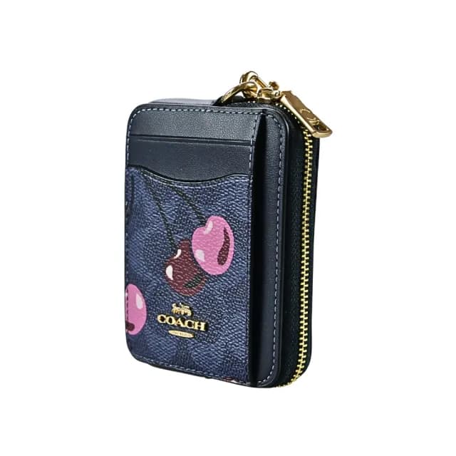 【COACH】C LOGO PVC鏈帶方型卡夾零錢包(櫻桃印花/丹寧藍)