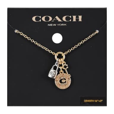 【COACH】品牌LOGO圓牌吊墜鎖釦雙吊飾造型鎖骨項鍊(金/銀)