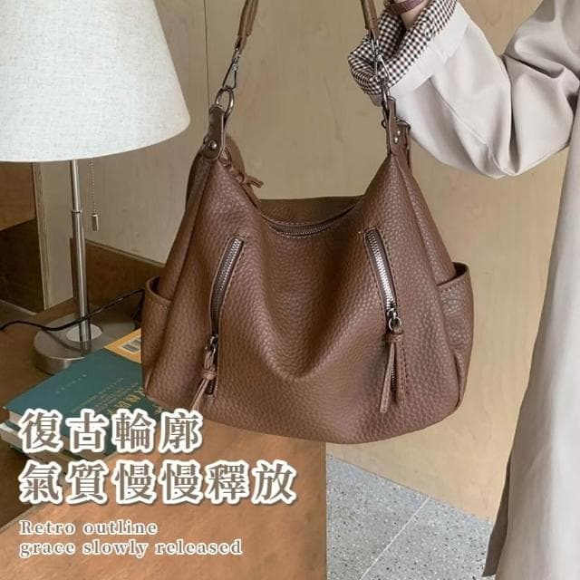 【韓風穿搭】復古韓妞軟皮質斜跨包(大容量 通勤包 單肩包 側肩包 百搭 上班族 棕色 咖啡色 禮物)
