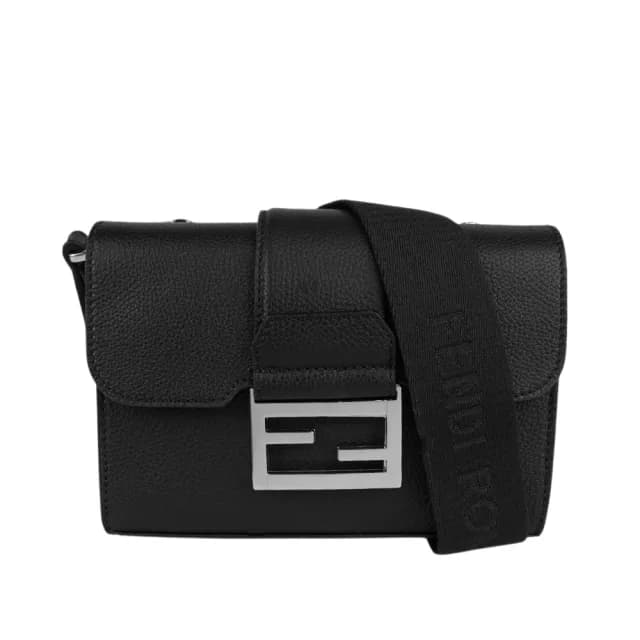 【FENDI 芬迪】Double Baguette 銀釦粒紋皮革翻蓋及拉鍊斜背包(黑色)