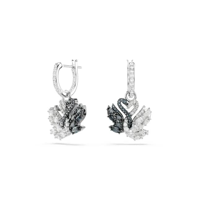 【SWAROVSKI 施華洛世奇】Swan 水滴形耳環 天鵝 黑色 多種金屬潤飾