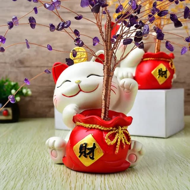 【A&R】開運水晶樹 招財貓貓福袋款(紫水晶 黃水晶 開業 喬遷 風水 搖錢樹 招桃花 好人緣 聚財 交換禮物)