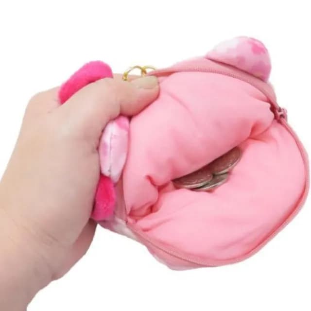 【小禮堂】Sanrio 三麗鷗 絨毛大臉伸縮票卡零錢包吊飾 櫻花款 Kitty 美樂蒂 酷洛米(平輸品)