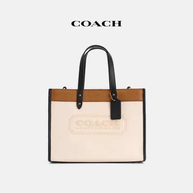 【COACH】蔻馳官方直營 FIELD COACH徽章撞色30號托特手袋-B4/粉筆白色 混合色(CZ335)