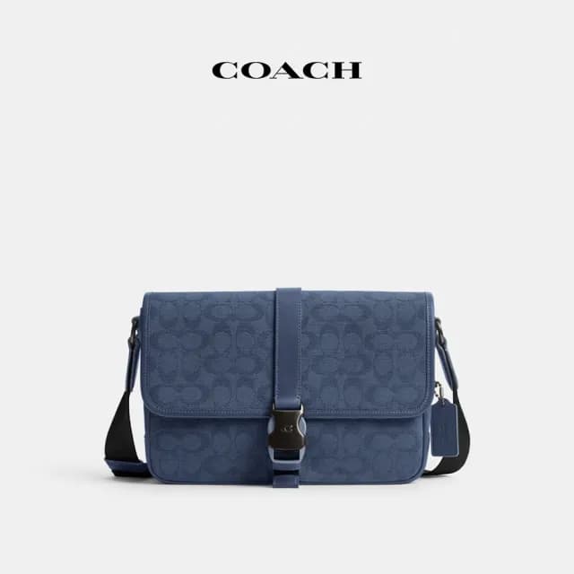 【COACH】蔻馳官方直營 LEAGUE經典Logo郵差包 騎行手袋 騎行包 斜背包-水洗布藍色(CU041)