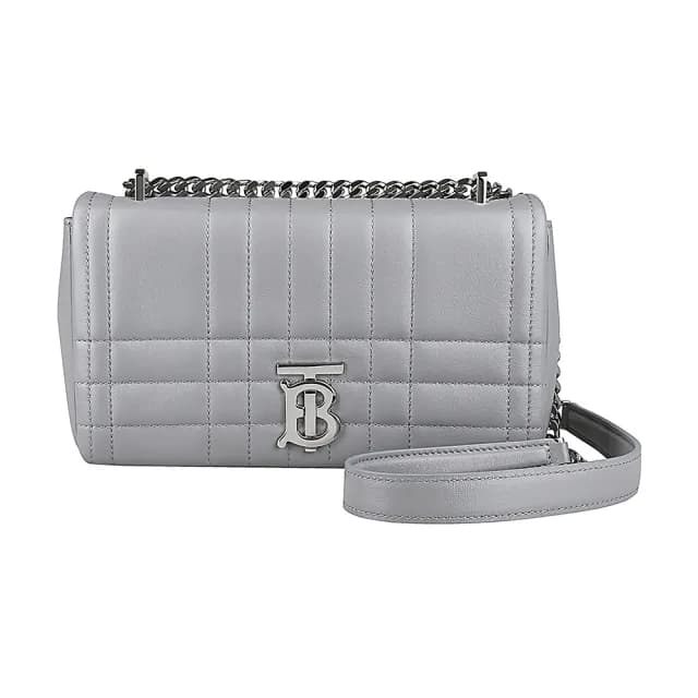 【BURBERRY 巴寶莉】BURBERRY LOLA TB字母LOGO格紋絎縫綿羊皮釦式斜背鍊帶包(雲灰)
