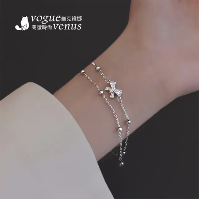 【維克維娜】水鑽蝴蝶結雙層手鍊925純銀手鍊