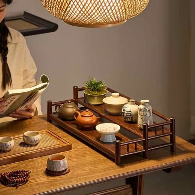 【超微米】茶杯架 中式小型博古架 茶具茶壺茶 桌面復古置物架展(茶杯架)