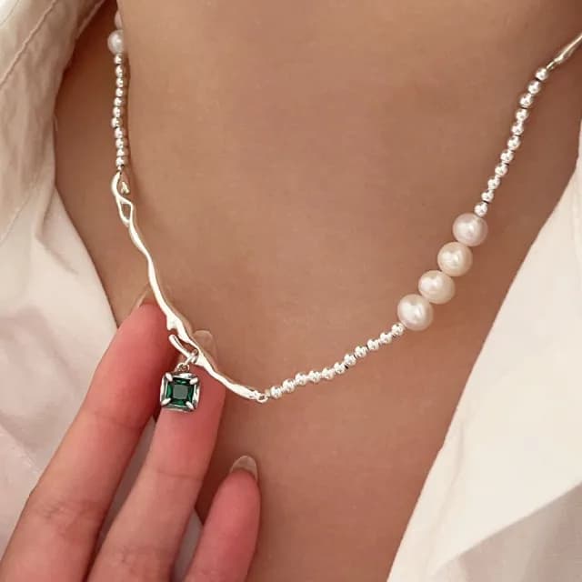 【KT DADA】天然珍珠 項鍊 圓珠項鍊 s925純銀 銀飾 女生項鍊 純銀項鍊 珍珠項鍊 綠鋯石吊墜 珍珠搭彎管