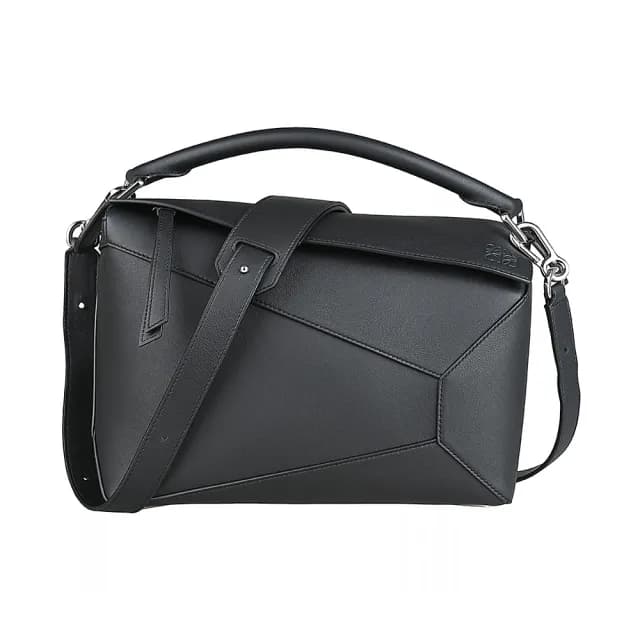 【LOEWE 羅威】LOEWE Puzzle標誌性LOGO小牛皮搭織布拉鍊斜背兩用包(中/黑)