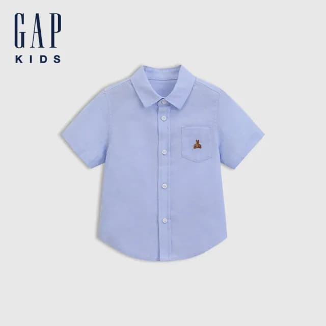 【GAP】男童裝 純棉小熊刺繡翻領短袖襯衫 布萊納系列-藍色(767170)