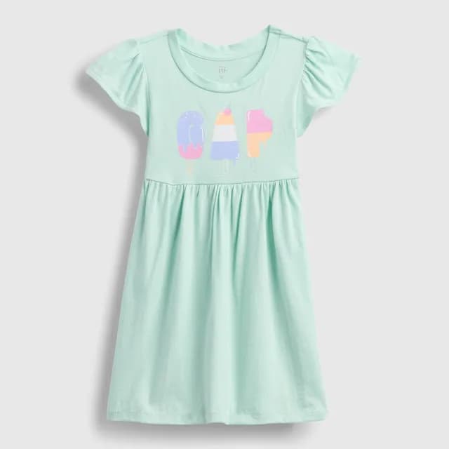 【GAP】女幼童裝 Logo純棉刺繡/印花圓領短袖洋裝-薄荷綠(776629)
