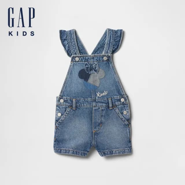 【GAP】女幼童裝 Gap x Disney迪士尼聯名 純棉刺繡牛仔吊帶短褲-中度水洗(723450)
