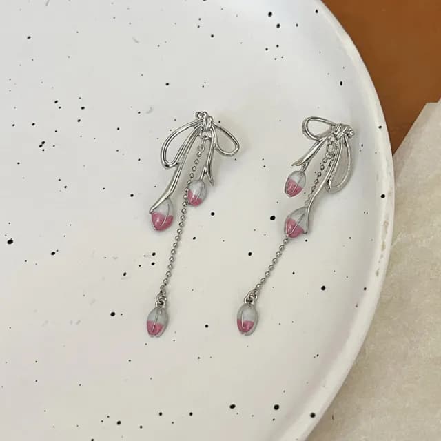 【INES】韓國設計S925銀針浪漫鬱金香花朵流蘇蝴蝶結造型耳環(S925銀針耳環 流蘇耳環 蝴蝶結耳環)