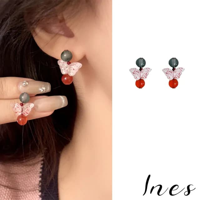 【INES】韓國設計S925銀針法式復古天然石蝴蝶串珠造型耳環(S925銀針耳環 蝴蝶耳環 串珠耳環)